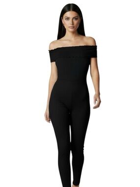 LA Luxe L black off shoulder ribbed snatched jumpsuit